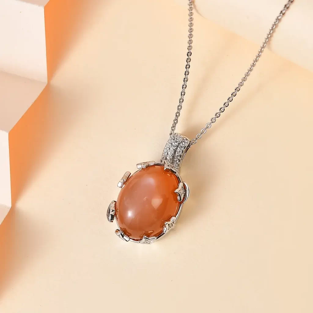 Peach Moonstone and White Zircon Celestial Pendant Necklace