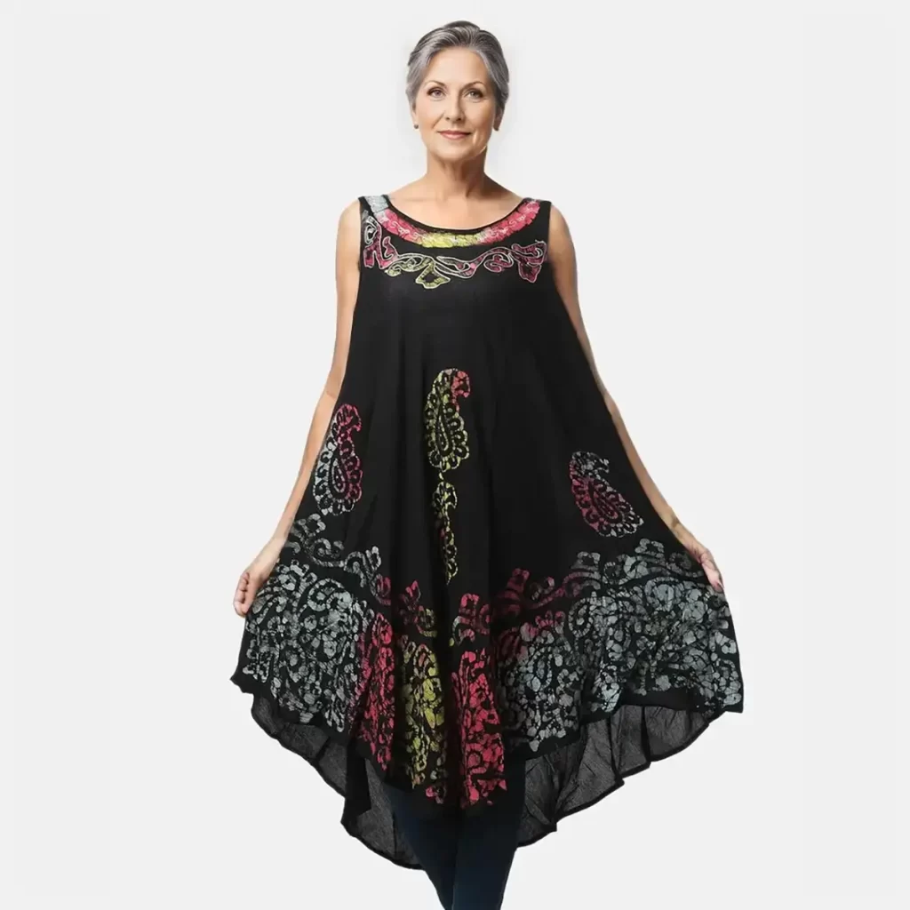 Tamsy Black with Rainbow Paisley Print Umbrella Dress black legging summer outfit how to wear black in summer