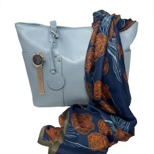 Youzey Blue 3pc Set - Vegan Leather Tote Bag, Lightweight Scarf and Watch