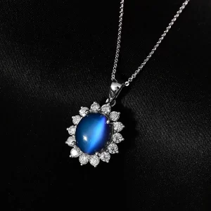 Aurora Moonstone and Moissanite Sunburst Pendant Necklace 20 Inches in Platinum Over Sterling Silver 4.75 ctw
