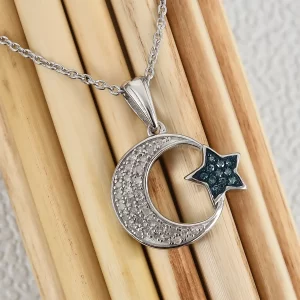 Blue Diamond (IR), Diamond Crescent Moon and Star Pendant Necklace (20 Inches) in Rhodium & Platinum Over Sterling Silver 0.25 ctw
