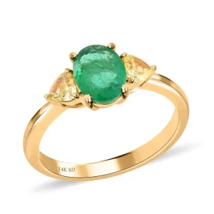 Modani 14K Yellow Gold Brazilian Emerald and Natural Yellow Diamond Trilogy Ring, Emerald Jewelry, Birthday Anniversary Gifts For Her 1.35 ctw
