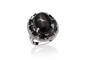 Indian Black Star Diopside ring with halo of black stones