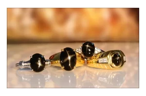 A selection of Indian Black Star Diopside ring in gold and silver.