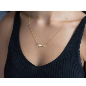 Woman wearing "Sophia" custom name necklace.