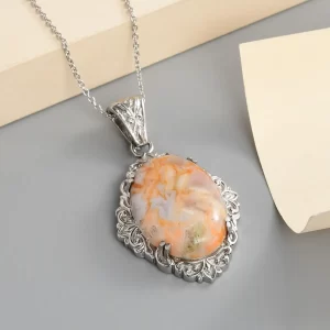 Crazy Lace Agate Solitaire Pendant Necklace (20 Inches) in Stainless Steel 38.30 ctw , Tarnish-Free, Waterproof, Sweat Proof Jewelry
