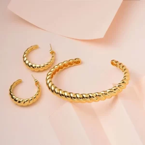 Ever True Twisted Cuff Bracelet (7.50 In) and Half Hoop Earrings in ION Plated Yellow Gold Stainless Steel, Durable Jewelry Set, Birthday Gift For Her
