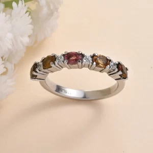 Multi-Tourmaline and White Zircon Ring in Stainless Steel 0.90 ctw
