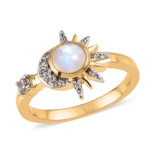 Kuisa Rainbow Moonstone, White Zircon Moon and Sun Kiss Ring in Vermeil YG Sterling Silver 0.75 ctw
