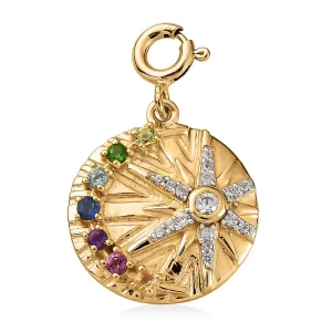 Starburst Sun and Moon Celestial Multi Color Gemstone Coin Medallion Charm in Vermeil Yellow Gold Over Sterling Silver 0.50 ctw
