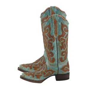 Cowboycore boots Genuine Leather Western Style Square Toe Boot with Glitter Lace Design