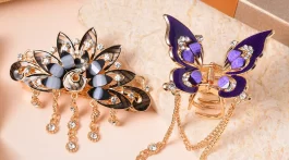 Gifts under $10 Set of 2 Purple and Brown Resin, Black and White Austrian Crystal, Enameled Butterfly and Peacock Hair Claw Clip