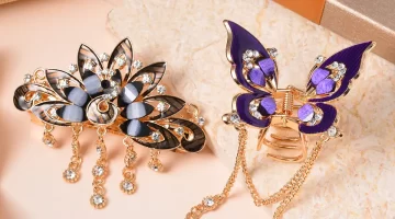 Gifts under $10 Set of 2 Purple and Brown Resin, Black and White Austrian Crystal, Enameled Butterfly and Peacock Hair Claw Clip