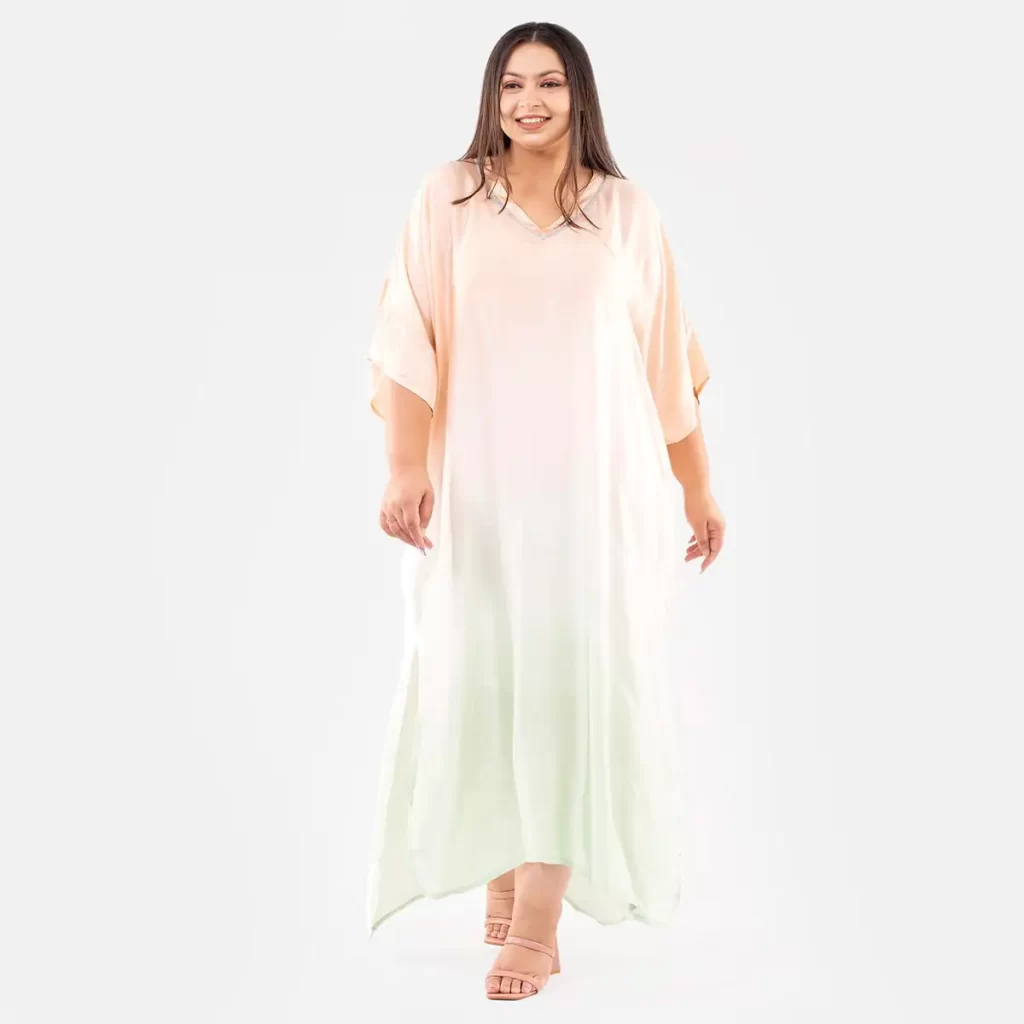 Tamsy Peach Bemberg Silk Ombre Dye V-Neck with Lace Long Kaftan
