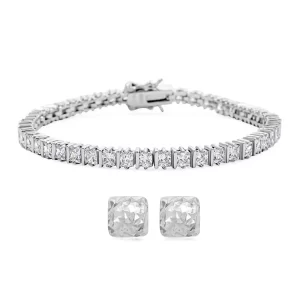 Princess Cut Simulated Diamond 3mm Tennis Bracelet (7.0 In) and Square Stud Earrings in Rhodium Over Sterling Silver
