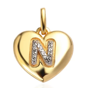 Mother’s Day Gift White Zircon Initial N Heart Pendant in Vermeil Yellow Gold Over Sterling Silver 0.07 ctw
