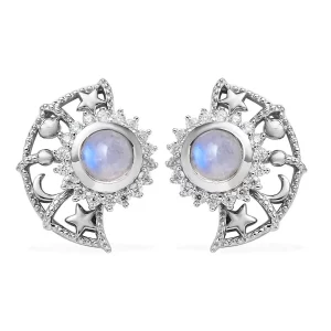 Premium Rainbow Moonstone, Moissanite Celestial Sun, Moon, and Stars Statement Earrings in Platinum Over Sterling Silver 1.60 ctw
