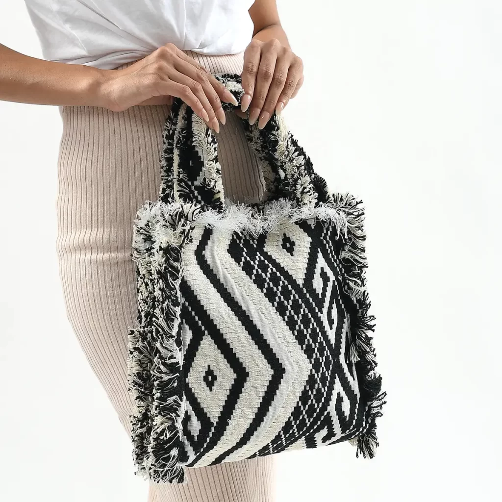 Black and White Handloom Fabric Tote eco friendly  Bag