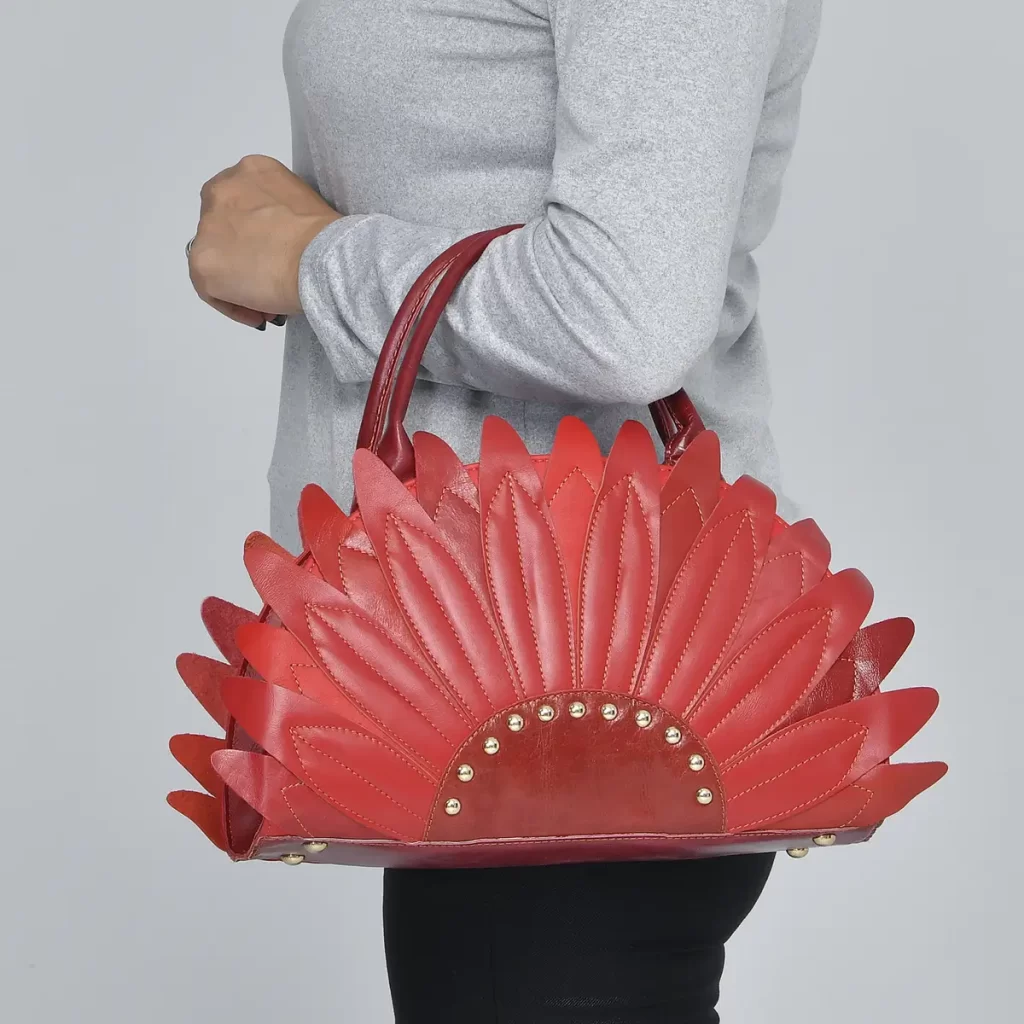 CHAOS By Elsie Red Solid Genuine Leather Flower-shaped Tote Bag with Handle Drop and Shoulder Strap