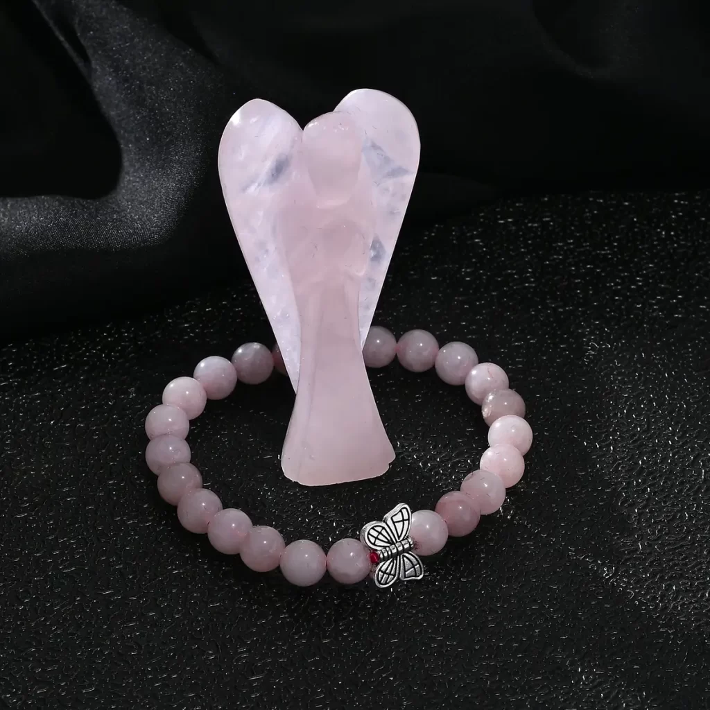 Hand Carved Rose Quartz Guardian Angel with Matching Beaded Stretch Bracelet