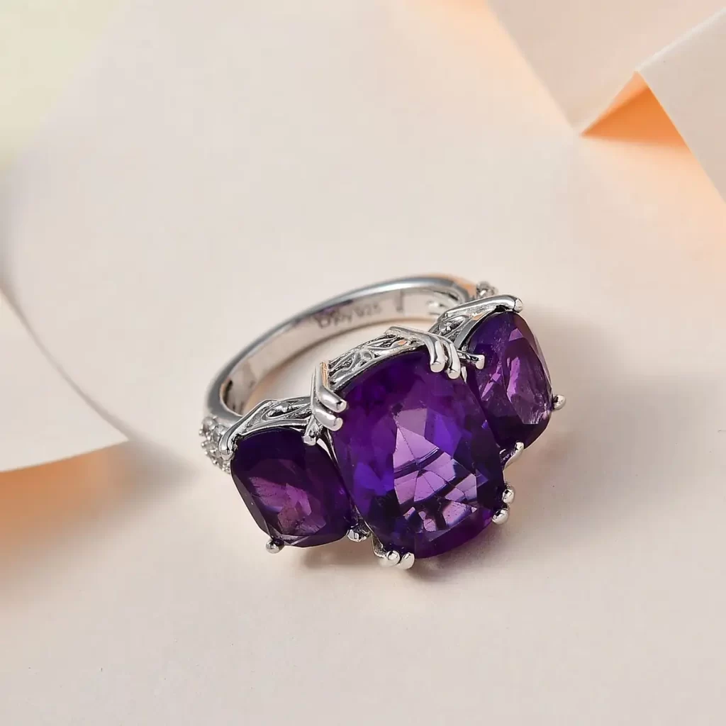 February Birthstone Ring African Amethyst and White Zircon Trilogy Ring in Platinum Over Sterling Silver