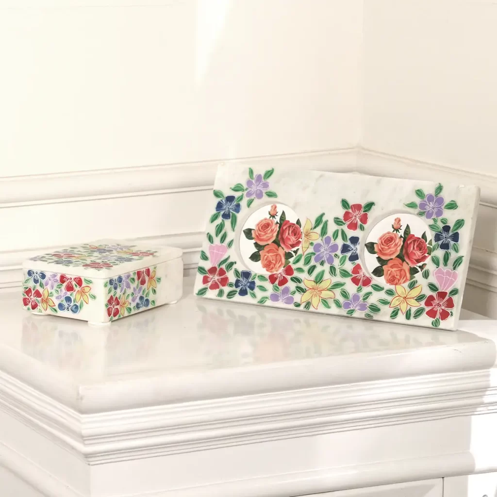 Unique gift ideas Blue And Multi Color Hand Painted Set of Marble Box & Marble Photo Frame