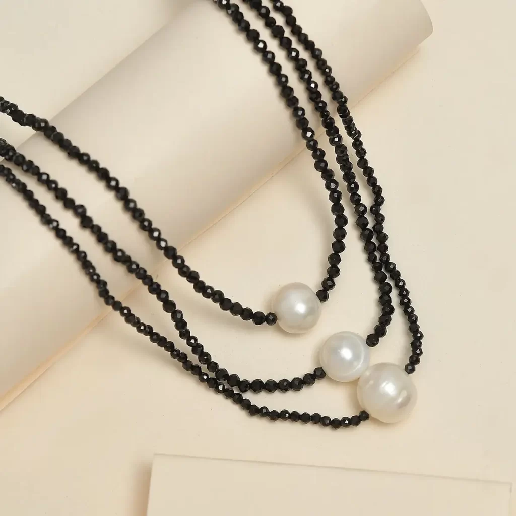 June birthstone necklace for Gemini Freshwater Pearl and Thai Black Spinel 3 Layered Necklace