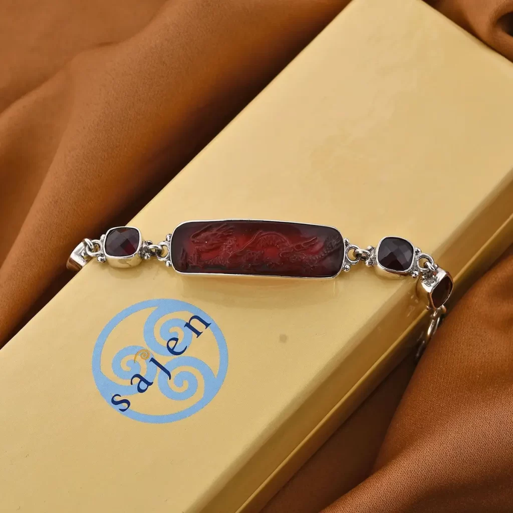 Sajen Silver Carnelian Carved Dragon and Mozambique Garnet Toggle Clasp Bracelet in Sterling Silver