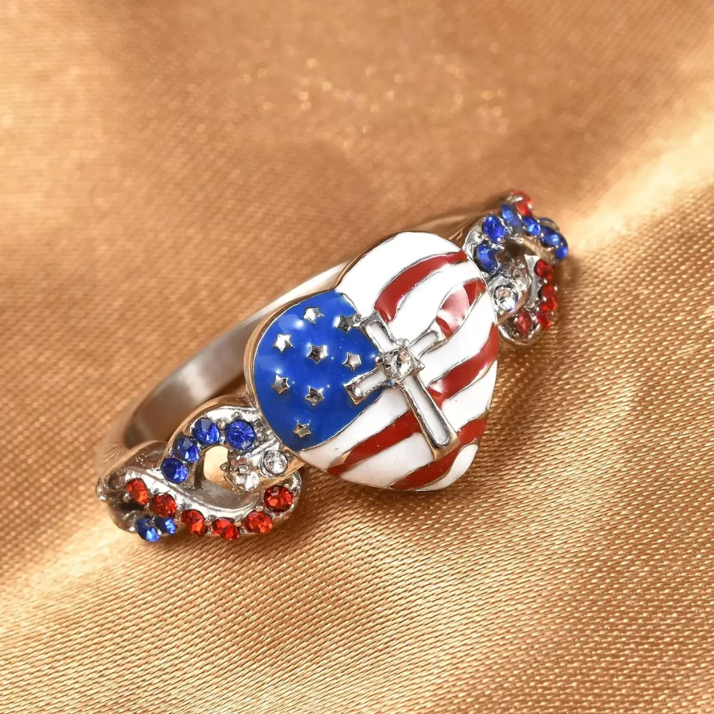 Blue and Red Enameled US flag Pattern Ring in Stainless Steel