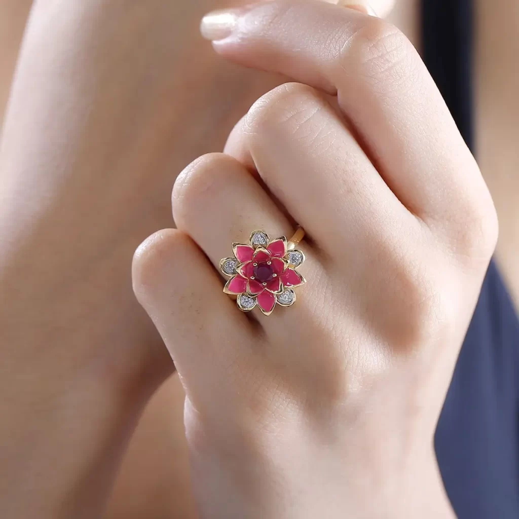 red enamel ring floral ruby ring