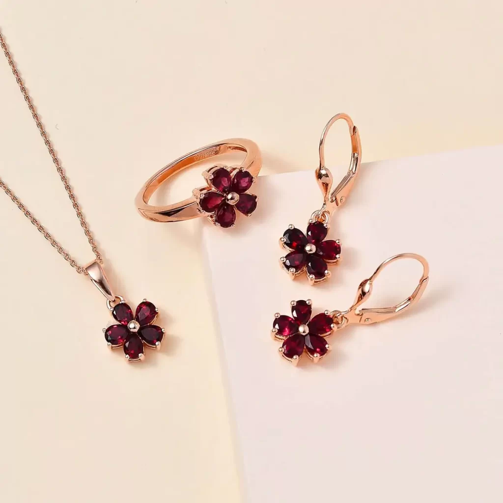 Demure January birthstone Anthill Garnet floral jewelry set